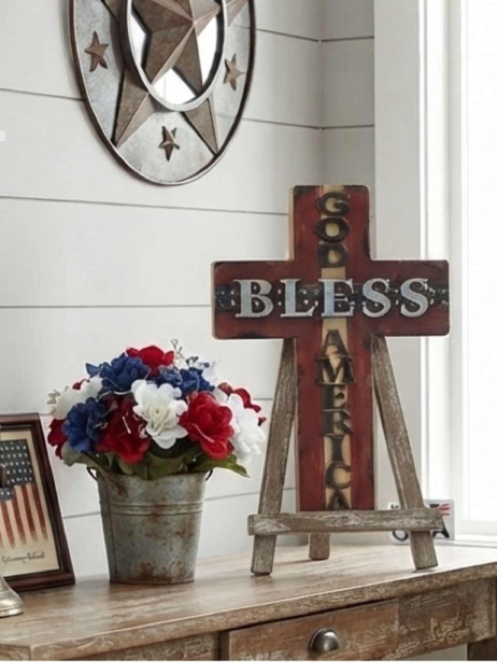 God Bless America Wooden Decorative Cross - Red, Blue, Gold